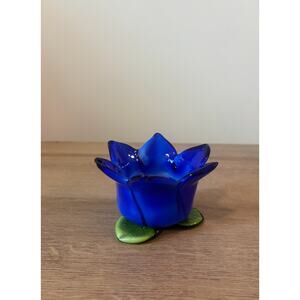 Vintage Glass Tulip Candle Holder Blue Cobalt & Green Art Glass Floral